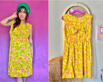 60s Yellow & Peach Floral Shift Dress with Center Bow