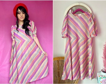 80s Candy Striped Puffed Sleeve Dress / Midi Dress / Secretary Dress / Nancy Wheeler Style / Pink & Purple Stripes