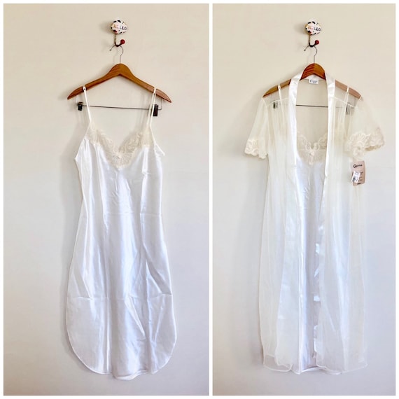 80s Deadstock Slip Dress Nightgown & Sheer Robe Se