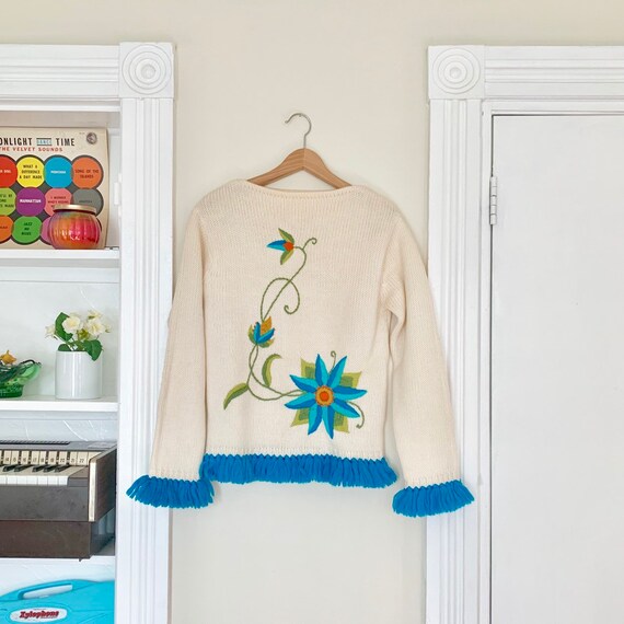 60s Flower Embroidered Wool Boatneck Sweater with