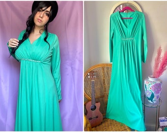 70s Jade Green Empire Waist Maxi Dress