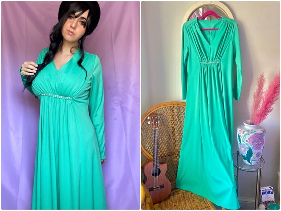 70s Jade Green Empire Waist Maxi Dress - image 1