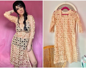 60s Peach & Gold Embroidered Sheer Lace Cutout Dress