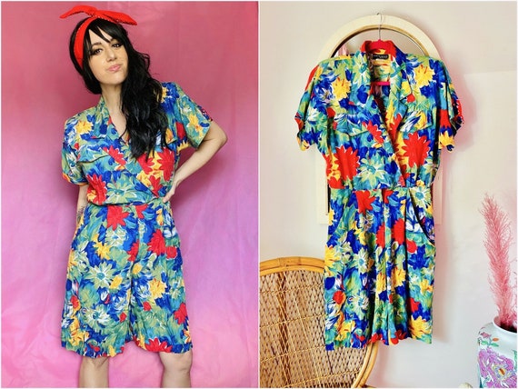 80s Tropical Rainbow Floral Romper - image 1