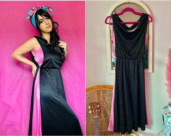 70s Black & Pink Disco Dance Midi Dress / Grecian Style Draped Collar
