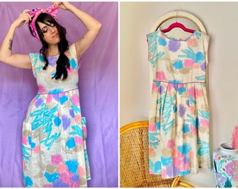 80s Evelyn Pearson Pastel Abstract Midi Dress