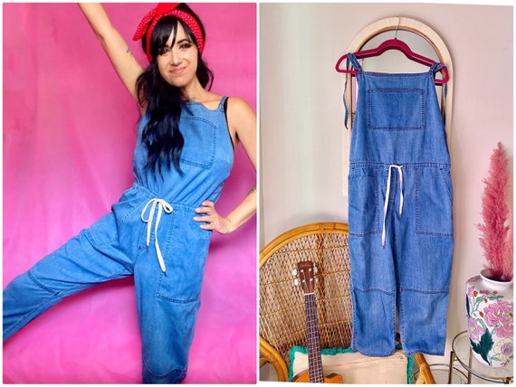 Vintage Denim Drawstring Overalls // Cropped Jean… - image 1