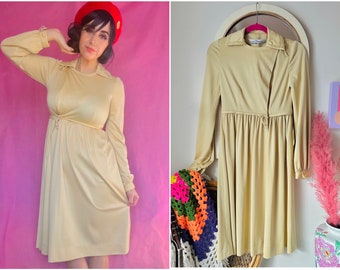 60s 70s Eleanor Brenner / Brenner Couture Tan Wrap Collared Babydoll Dress