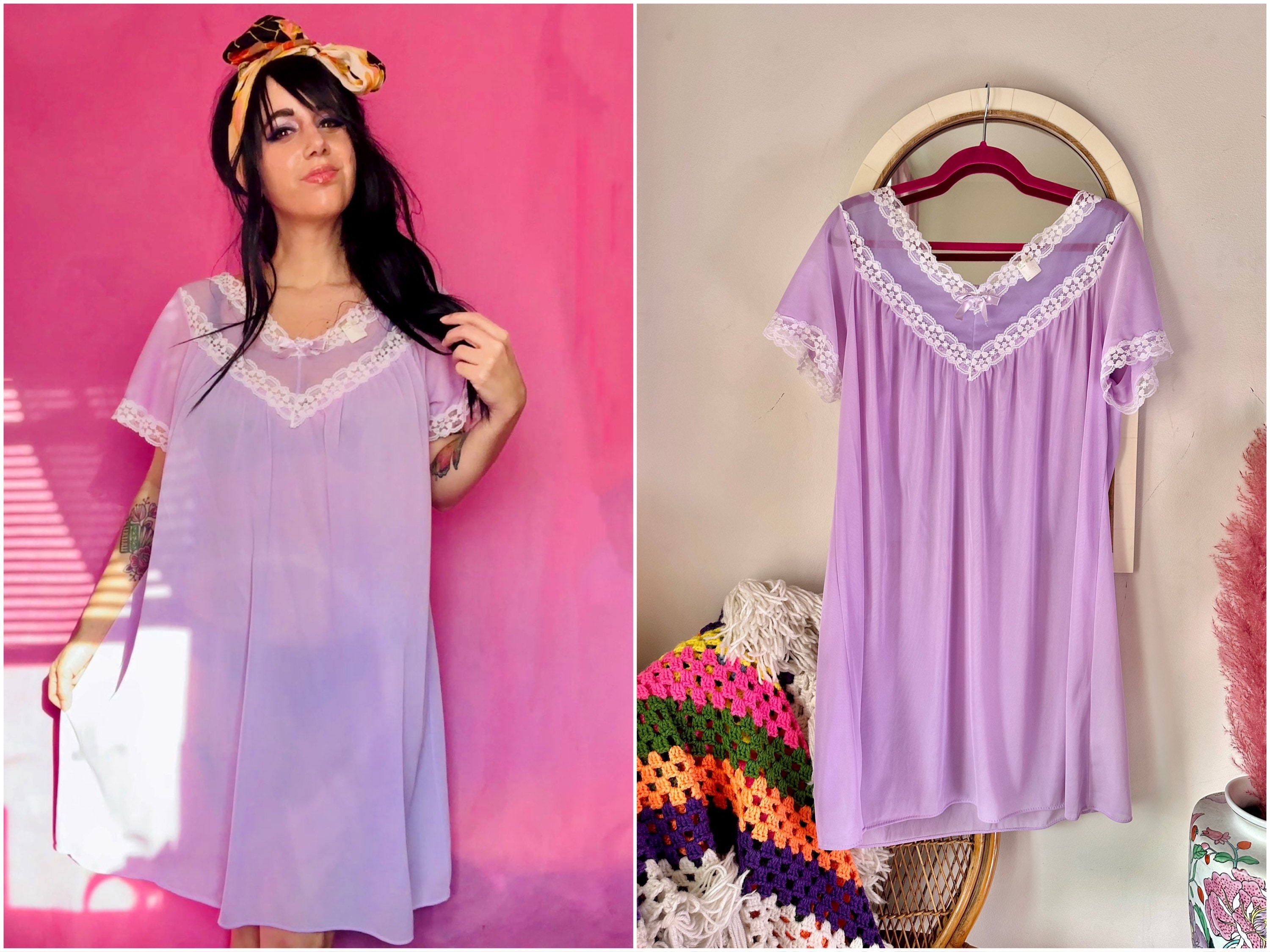 DELICATES LAVENDER DOTTED TULLE BABYDOLL NIGHTGOWN ACCENTED WITH