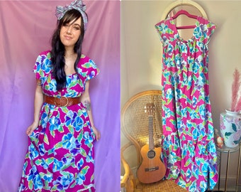 70s Hilo Hatties Hawaiian Floral Flutter Sleeve Maxi Dress / Muumuu / Cotton Dress