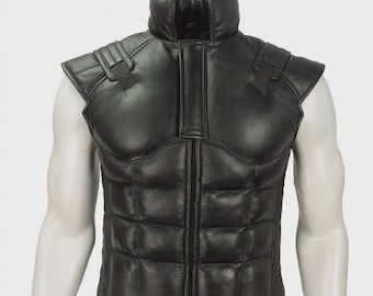 Gilet sans manches en cuir noir style musclé, inspiré de Snake et Venom (Metal Gear Solid Snake), en véritable peau de mouton.