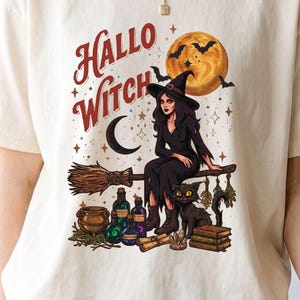 Hallo Witch Halloween Shirt, Retro Moon Broomstick Cat Tee, Spooky Season Gift