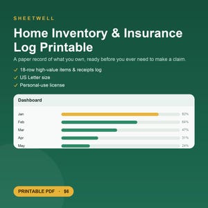 May include: A digital home inventory and insurance log printable on a dark green background. The text reads Sheetwell Home Inventory & Insurance Log Printable, 18-row high-value items & receipts log, US Letter size, and personal-use license.