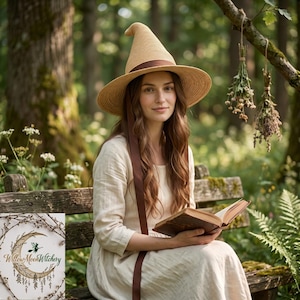 May include: A tan straw witch hat with a wide brim and a pointed crown, featuring a dark brown ribbon band and long matching brown ribbon ties. The hat is worn by a person with long brown hair, dressed in a simple, light-colored linen dress.