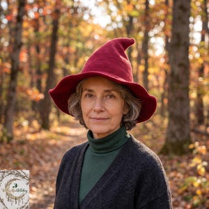 May include: A deep red, pointed, wide-brimmed knit hat with a textured surface. The hat features a tall, slightly curved crown and a flexible, wavy brim. The material appears to be a soft, finely woven yarn, providing a structured yet pliable shape.