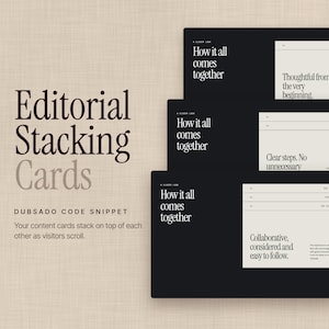 Puede incluir: Un conjunto de tres tarjetas rectangulares negras con texto en blanco apiladas verticalmente. Las tarjetas presentan el título How it all comes together y subtítulos que incluyen The Approach, The Process y The Experience con texto.