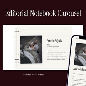 Peut inclure: Une interface numérique intitulée Editorial Notebook Carousel présentant une mise en page de carnet crème avec une photo d'un couple, le texte Amelia & Jack, et un écran de téléphone mobile affichant le même contenu sur un fond sombre.