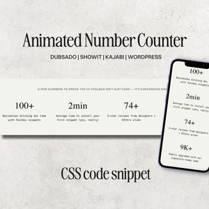 Op de afbeelding: Een geanimeerde nummerteller CSS-codefragment voor Dubsado, Showit, Kajabi en WordPress. Het display toont statistieken waaronder 100+ bedrijven, 2 minuten installatietijd, 74+ vijfsterrenrecensies en 9K+ e-mails met bijgewerkte code.