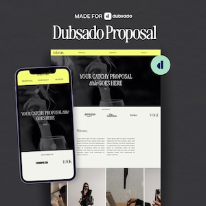 Op de afbeelding: Een digitaal Dubsado-voorstelsjabloon weergegeven op een smartphonescherm en een desktopinterface. Het ontwerp bevat een gele koptekst, zwart-witfotografie en de tekst "YOUR CATCHY PROPOSAL title GOES HERE" met logo's voor Amazon, The Guardian, Forbes en Vogue.