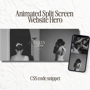 Peut inclure: Un affichage numérique d'un en-tête de site web à écran divisé animé avec le texte Evelyn Rose. La mise en page comprend une photographie en noir et blanc d'une personne en robe et un smartphone montrant le même design avec une étiquette CSS code snippet.