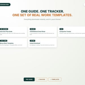 May include: A digital product information page titled QA INTERVIEW PREP. It features the text ONE GUIDE. ONE TRACKER. ONE SET OF REAL WORK TEMPLATES. Below are five rectangular boxes detailing an Interview Prep Guide, STAR Method Cheat Sheet, Companion Tracker, Bonus Work Templates, and Instant Download. Three buttons at the bottom read PDF GUIDE, + TRACKER, and + TEMPLATES.
