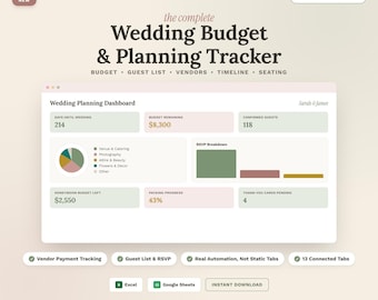 Wedding Budget & Planning Tracker: Excel, Google Sheets (Digital Download)