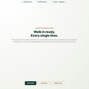 May include: A digital product landing page for BlueprintOrchard featuring the text Walk in ready. Every single time. It includes three top buttons labeled 100 Scenarios, STAR Answers, and Tracker + Templates, plus three bottom buttons for PDF GUIDE, + TRACKER, and + TEMPLATES.