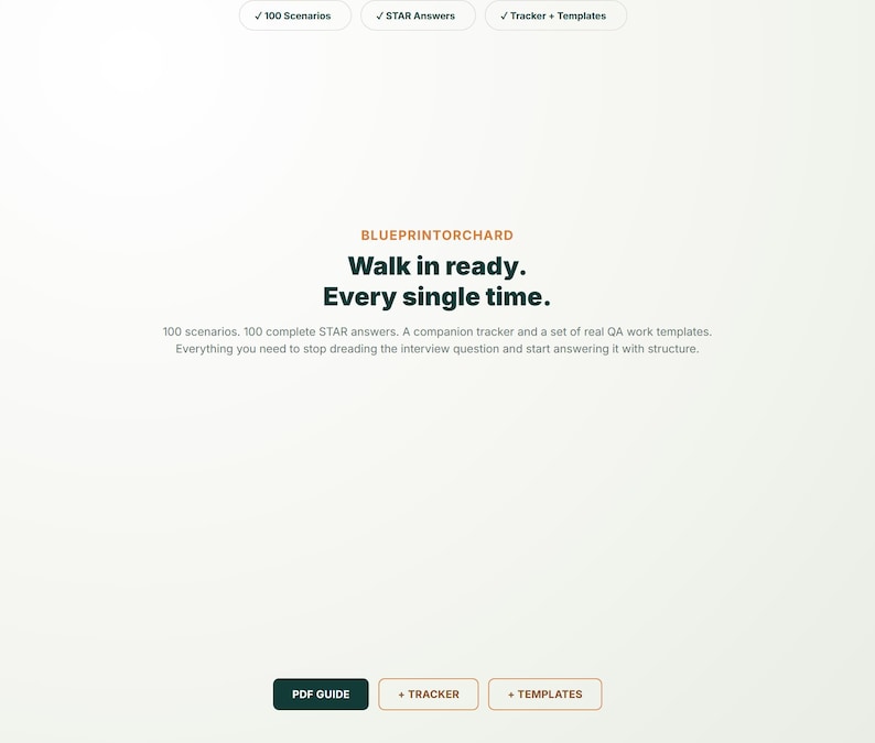 May include: A digital product landing page for BlueprintOrchard featuring the text Walk in ready. Every single time. It includes three top buttons labeled 100 Scenarios, STAR Answers, and Tracker + Templates, plus three bottom buttons for PDF GUIDE, + TRACKER, and + TEMPLATES.