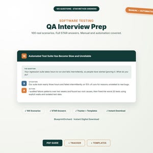 May include: A digital document titled Software Testing QA Interview Prep featuring 100 questions with STAR method answers. It includes a sample scenario about an automated test suite, plus sections for 100 scenarios, STAR answers, trackers, and templates.