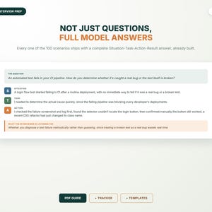 May include: A digital document page titled QA INTERVIEW PREP 2/11 featuring the text NOT JUST QUESTIONS, FULL MODEL ANSWERS. It displays a STAR method example for an automated test failure, including sections for Situation, Task, Action, and what the interviewer is listening for, with buttons for PDF GUIDE, TRACKER, and TEMPLATES.