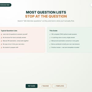 May include: A digital infographic titled MOST QUESTION LISTS STOP AT THE QUESTION. It compares typical question lists with this guide, featuring a list of red X marks for typical lists and green check marks for the guide, including PDF GUIDE, TRACKER, and TEMPLATES buttons.