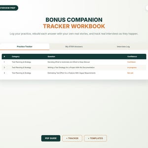 May include: A digital workbook page titled Bonus Companion Tracker Workbook with a practice tracker table. The table lists categories, questions, and confidence levels for QA interview prep. Buttons at the bottom read PDF GUIDE, + TRACKER, and + TEMPLATES.