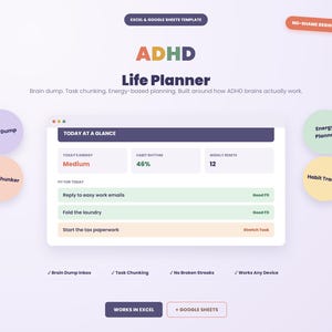 ADHD Life Planner : Brain Dump Spreadsheet Excel Google Sheets Template Habit & Energy Tracker