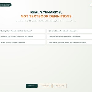 May include: A digital document page titled Real Scenarios, Not Textbook Definitions, featuring a list of six QA interview questions including Deciding What to Automate and API Returns a 200 Success Status, with navigation buttons at the bottom.