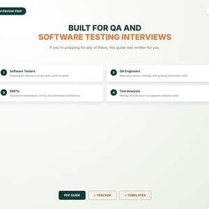 May include: A digital document titled QA INTERVIEW PREP, 7/11, BUILT FOR QA AND SOFTWARE TESTING INTERVIEWS. It lists four roles: Software Testers, QA Engineers, SDETs, and Test Analysts with descriptions. Bottom buttons read PDF GUIDE, + TRACKER, + TEMPLATES.