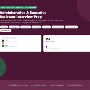 以下が含まれることがあります： ダークパープルの背景に「Administrative & Executive Assistant Interview Prep」と題されたデジタルガイド。100のシナリオ質問とSTAR回答が掲載されており、スケジュール管理、出張、ベンダー管理などのトピックを104ページのPDFで網羅しています。