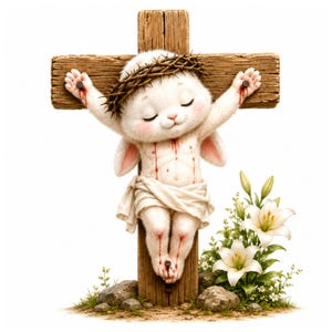 May include: A white rabbit with closed eyes wearing a crown of thorns, positioned on a wooden cross. The rabbit has red markings on its paws, chest, and feet, and is draped in a white cloth. White lilies and grey stones sit at the base.