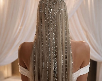 Perlenketten-Brauthaarschmuck, Boho-Brauthaarschmuck mit Quasten, drapierter Hochzeitshaarschmuck für Bräute, Haarkronen-Accessoire für langes Haar.