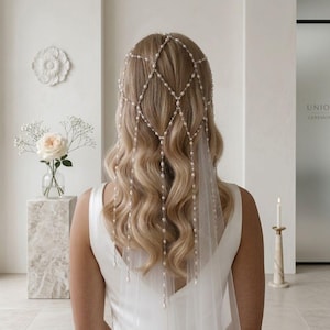 Bridal Headpiece, Pearl Hair Accessory for Brides, Mesh Wedding Hair Chain, Bridal Hair Jewelry, Boho Wedding