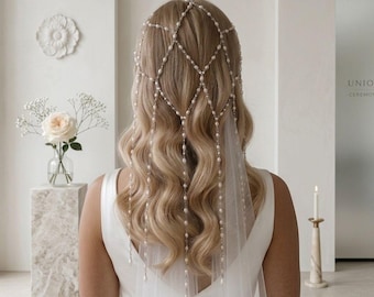 ブライダルヘッドピース、花嫁用パールヘアアクセサリー、メッシュウェディングヘアチェーン、ブライダルヘアジュエリー、ボヘミアンウェディング