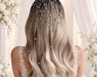 Boho Crystal Wedding Hair Chain – Silver Bridal Head Jewelry, Delicate Draped Headpiece for Bride and Special Occasions,  Wedding Accessory.