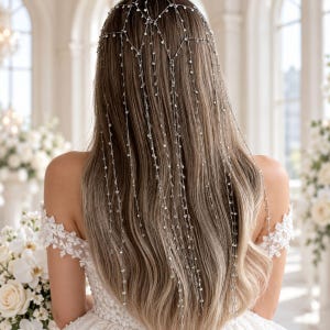 Cascading Crystal Hair Chain for Bride, Silver Bridal Headpiece, Long Wedding Hair Accessory, Elegant Bridal Hair Jewelry.