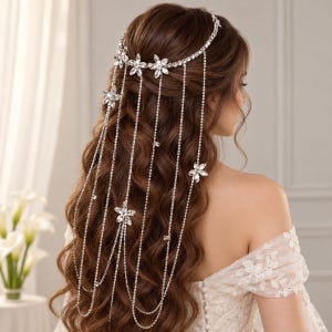 Floral Crystal Hair Drape for Bride, Long Silver Rhinestone Chains, Statement Wedding Headpiece, Bridal Hair Accessory, Elegant Hair Jewelry