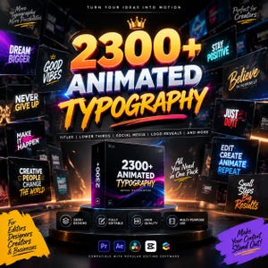 May include: A black product box labelled 2300+ Animated Typography Motion Text Collection, displayed on a circular platform. The background features floating screens with motivational text, software icons, and bold yellow and orange typography.