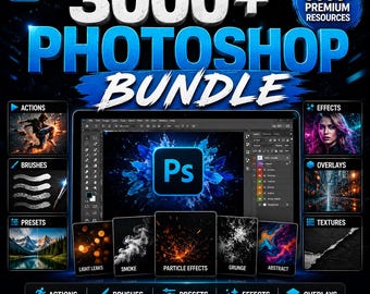 Bundel met meer dan 3000 Photoshop-items | Photoshop-acties, penselen, presets, effecten, overlays, texturen en creatieve ontwerpmiddelen | Megabundel