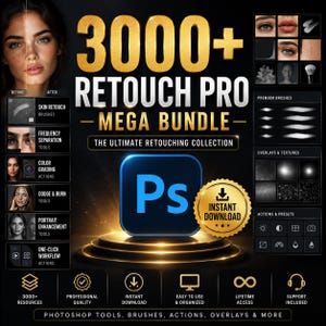May include: A digital product bundle titled 3000+ RETOUCH PRO MEGA BUNDLE featuring Photoshop tools, brushes, actions, and overlays. The graphic includes a blue Ps icon, gold text, and preview images of portrait retouching and editing effects.