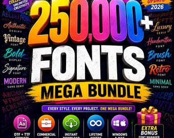 250 000+ teckensnitt Megapaket | Premium OTF- och TTF-teckensnitt | Kommersiellt bruk | Script-, Serif-, Sans- och handskrivna displayteckensnitt