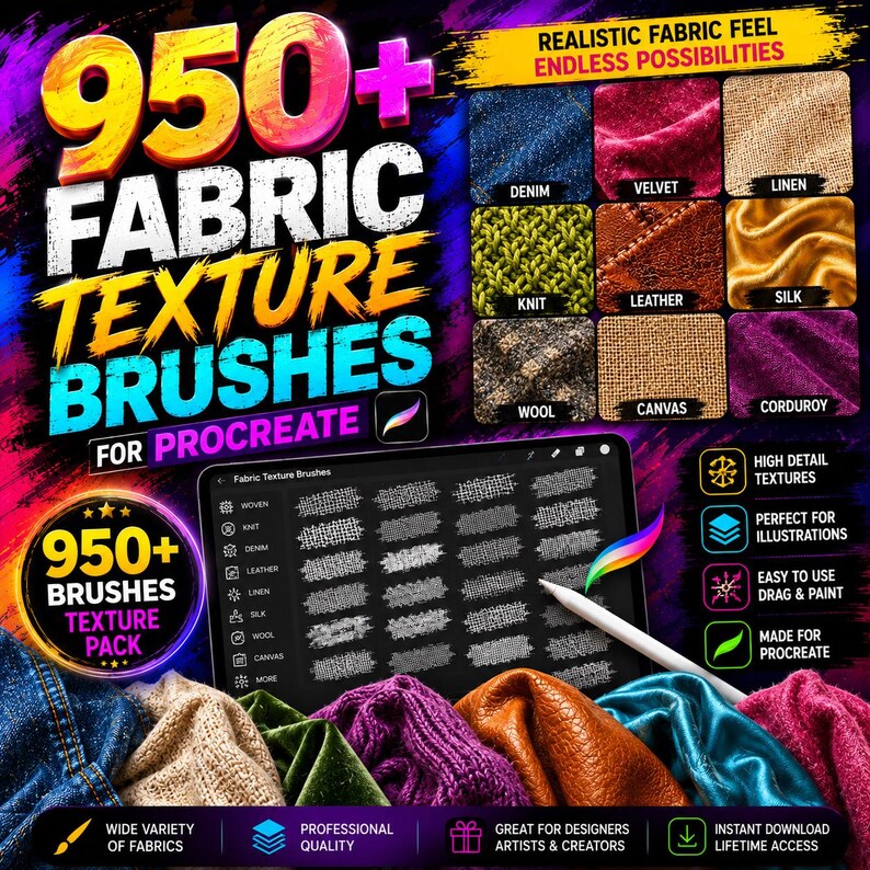 May include: A digital collection of 950+ fabric texture brushes for Procreate, featuring a tablet screen displaying brush strokes, a stylus, and various fabric swatches including denim, velvet, linen, knit, leather, silk, wool, canvas, and corduroy.