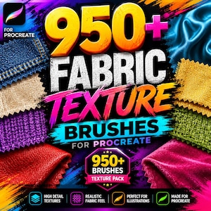 以下が含まれることがあります： Procreate用の950種類以上のファブリックテクスチャブラシを含むデジタルアセットパック。画像には、デニム、ニット、レザーなどの様々な生地のサンプルが青、黄、緑、紫、赤で表示されており、950+ FABRIC TEXTURE BRUSHESという太字のテキストが記載されています。