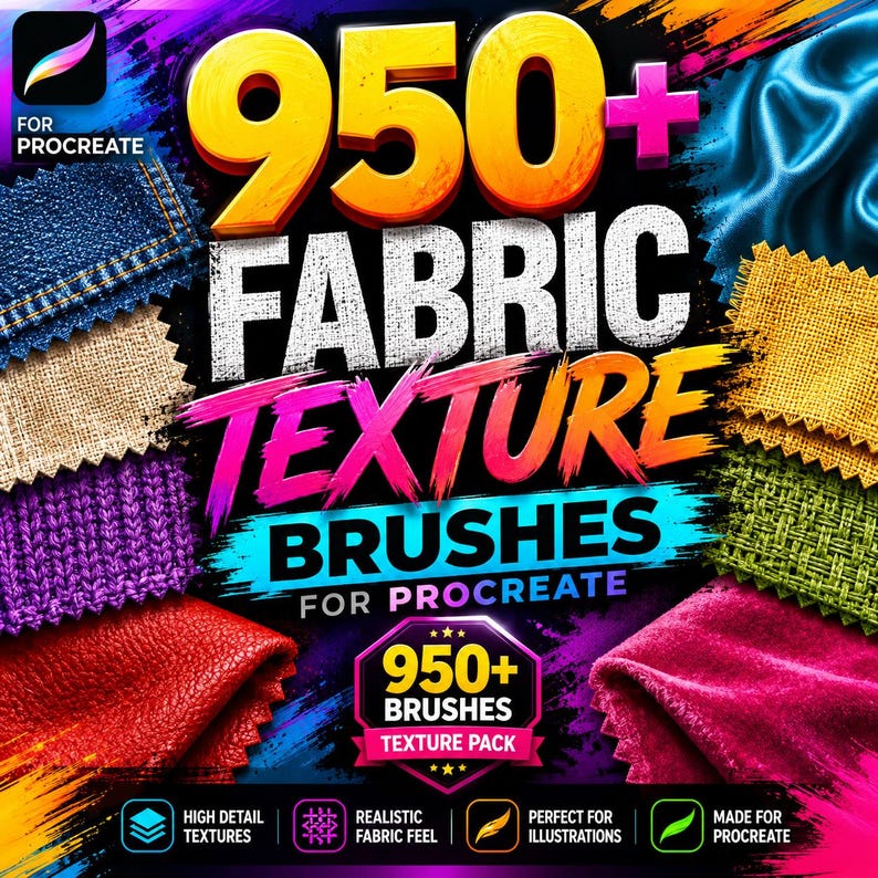 May include: A digital asset pack for Procreate featuring 950+ fabric texture brushes. The graphic displays various fabric swatches including denim, knit, and leather in blue, yellow, green, purple, and red, with bold text reading 950+ FABRIC TEXTURE BRUSHES.